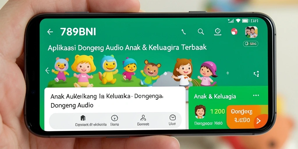 Antarmuka aplikasi 789BNI dengan pilihan dongeng audio yang menarik.